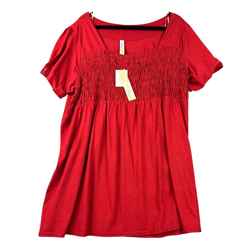L.A. Blues Smocked Top Women 22/24W Red New Babydoll Square Neck Short Sleeve